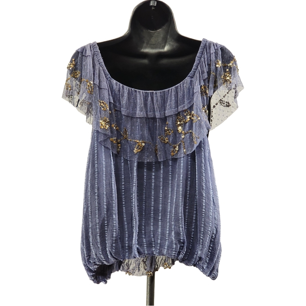 Blue Ruffled Cap Sleeve Blouse - Picture 2 of 5